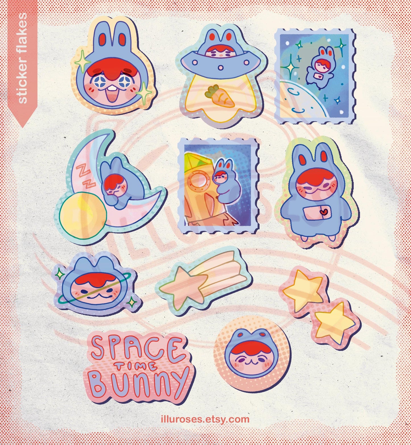 "space time bunny" vinyl sticker pack, 11 designs, 22pc