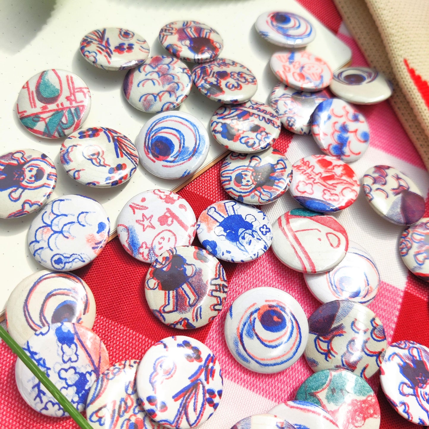 ORIGINAL RISO BADGE set random 25mm ita bag fillers, risograph, small, deco, random, yokai, prints, printing, cute, mystery, gacha