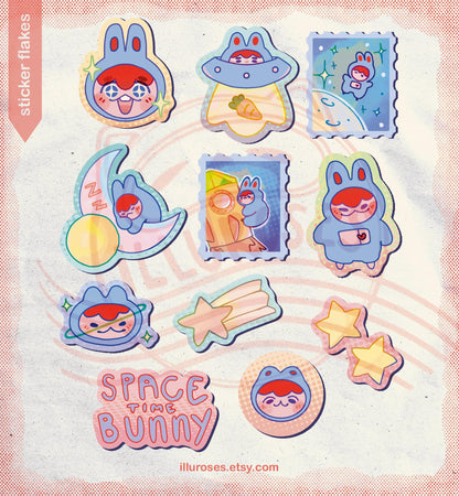 "space time bunny" vinyl sticker pack, 11 designs, 22pc