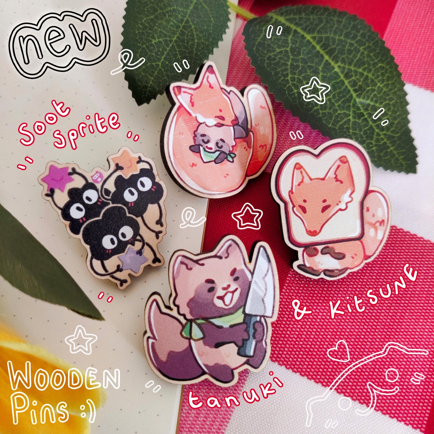 WOODEN PIN Kitsune Fox and Tanuki Maple Pinback | 40mm