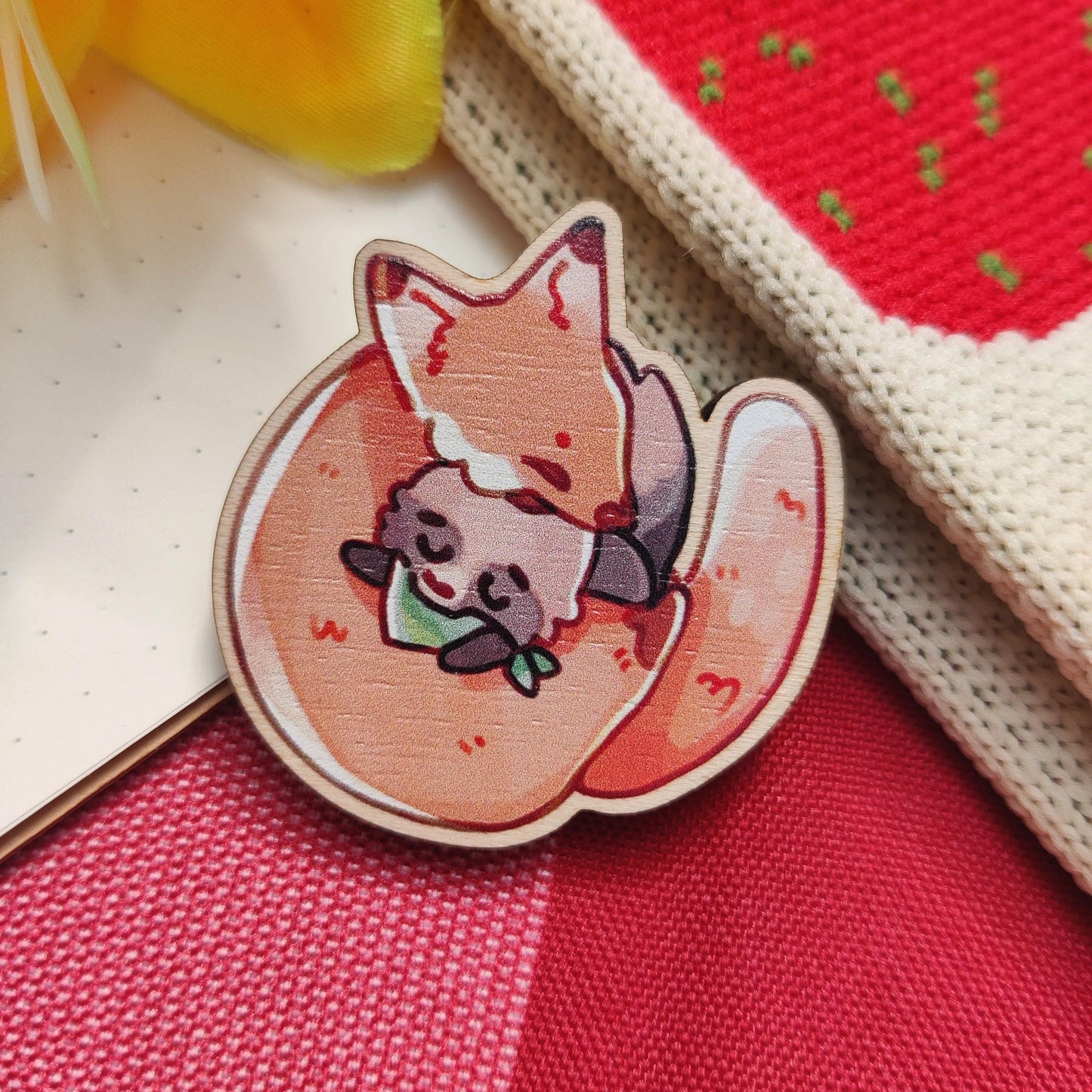 WOODEN PIN Kitsune Fox and Tanuki Maple Pinback | 40mm