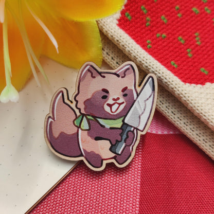 WOODEN PIN Tanuki Raccoon Maple Pinback | 40mm