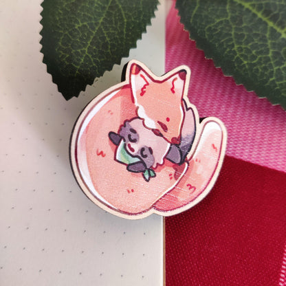 WOODEN PIN Kitsune Fox and Tanuki Maple Pinback | 40mm