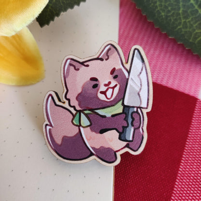 WOODEN PIN Tanuki Raccoon Maple Pinback | 40mm