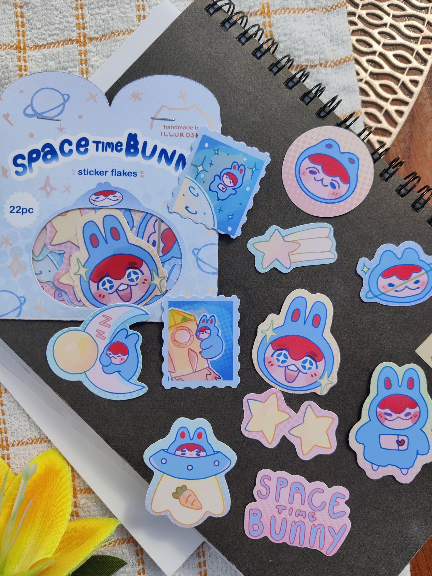 "space time bunny" vinyl sticker pack, 11 designs, 22pc