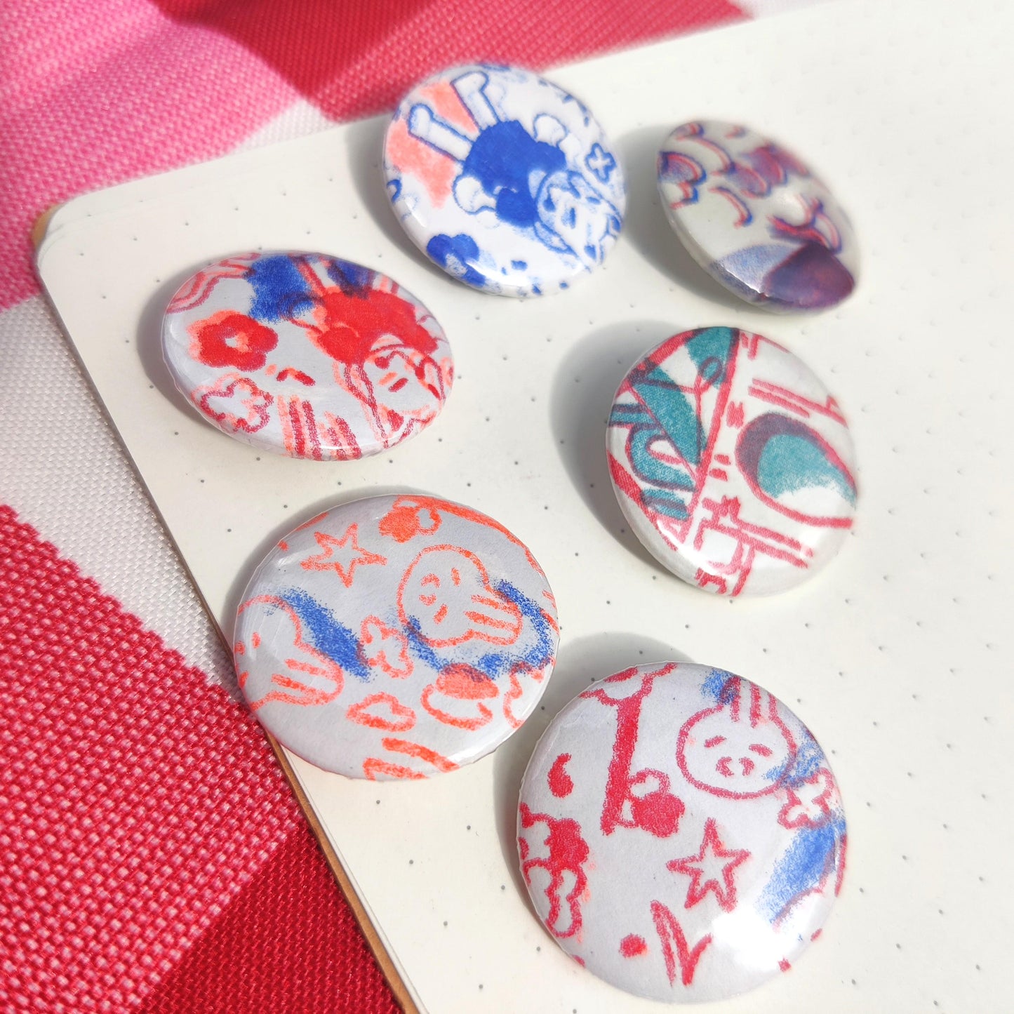 ORIGINAL RISO BADGE set random 25mm ita bag fillers, risograph, small, deco, random, yokai, prints, printing, cute, mystery, gacha