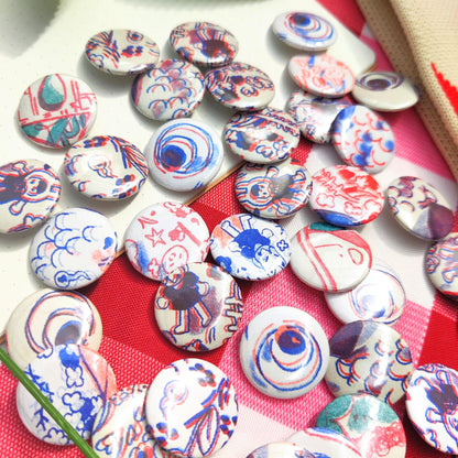 ORIGINAL RISO BADGE set random 25mm ita bag fillers, risograph, small, deco, random, yokai, prints, printing, cute, mystery, gacha