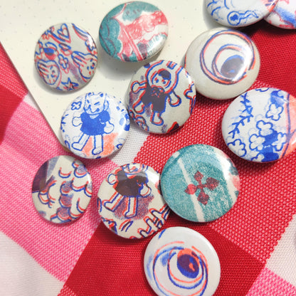 ORIGINAL RISO BADGE set random 25mm ita bag fillers, risograph, small, deco, random, yokai, prints, printing, cute, mystery, gacha