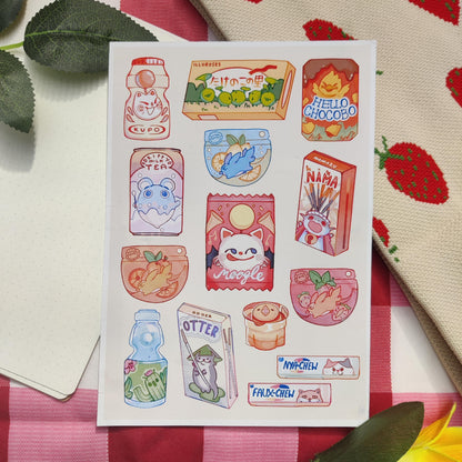 FFXIV minion snack A5 print, STICKER SHEET, 2 types, deco, final fantasy 14, moogle, korpukkur, ronka, fat cat, carby, chocobo