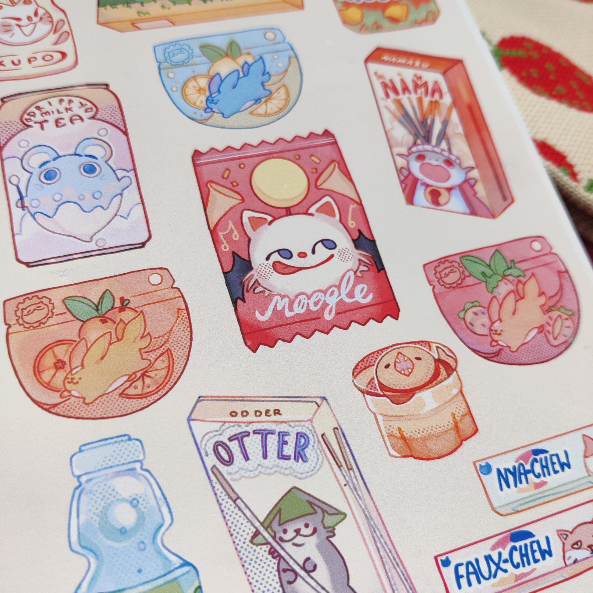 FFXIV minion snack A5 print, STICKER SHEET, 2 types, deco, final fantasy 14, moogle, korpukkur, ronka, fat cat, carby, chocobo