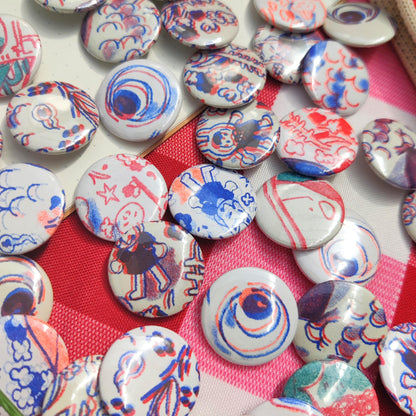 ORIGINAL RISO BADGE set random 25mm ita bag fillers, risograph, small, deco, random, yokai, prints, printing, cute, mystery, gacha