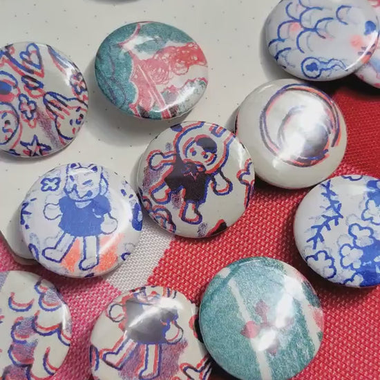 ORIGINAL RISO BADGE set random 25mm ita bag fillers, risograph, small, deco, random, yokai, prints, printing, cute, mystery, gacha