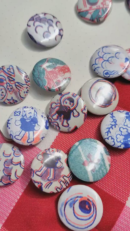 ORIGINAL RISO BADGE set random 25mm ita bag fillers, risograph, small, deco, random, yokai, prints, printing, cute, mystery, gacha